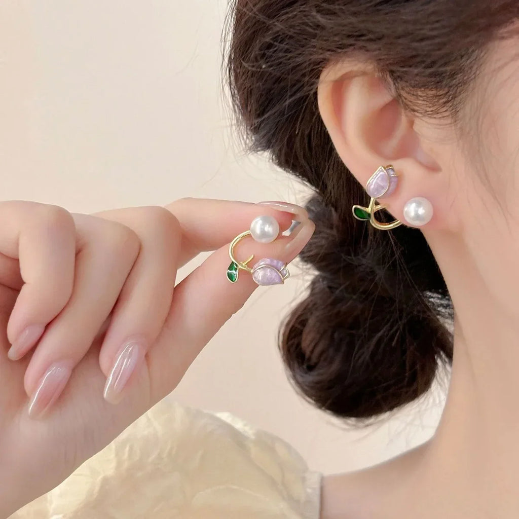 Pendientes Colgantes Flor de Tulipán y Perla rosa
