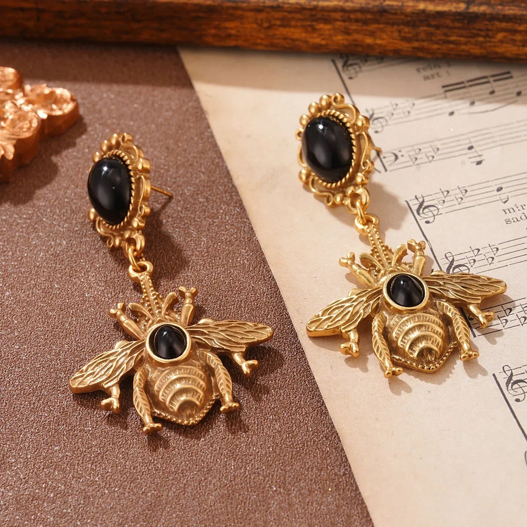 Boucles d'oreilles pendantes abeille noir