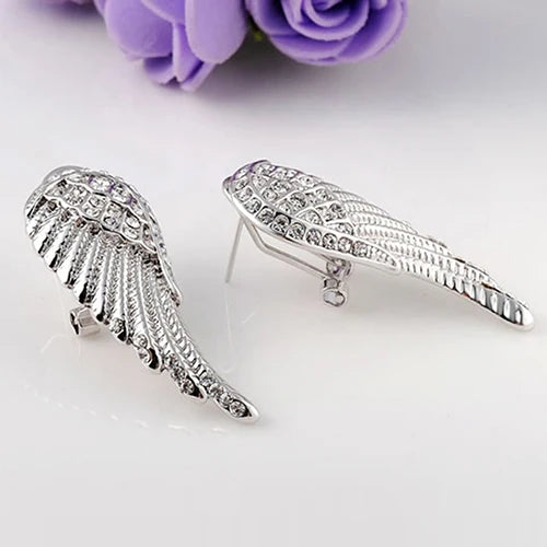 Angel wings drop earrings with rhinestones