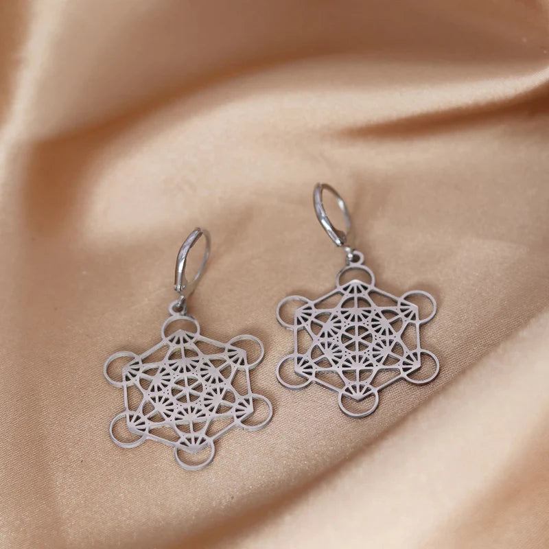 Silver Plated Metatron Cube Dangle Earrings