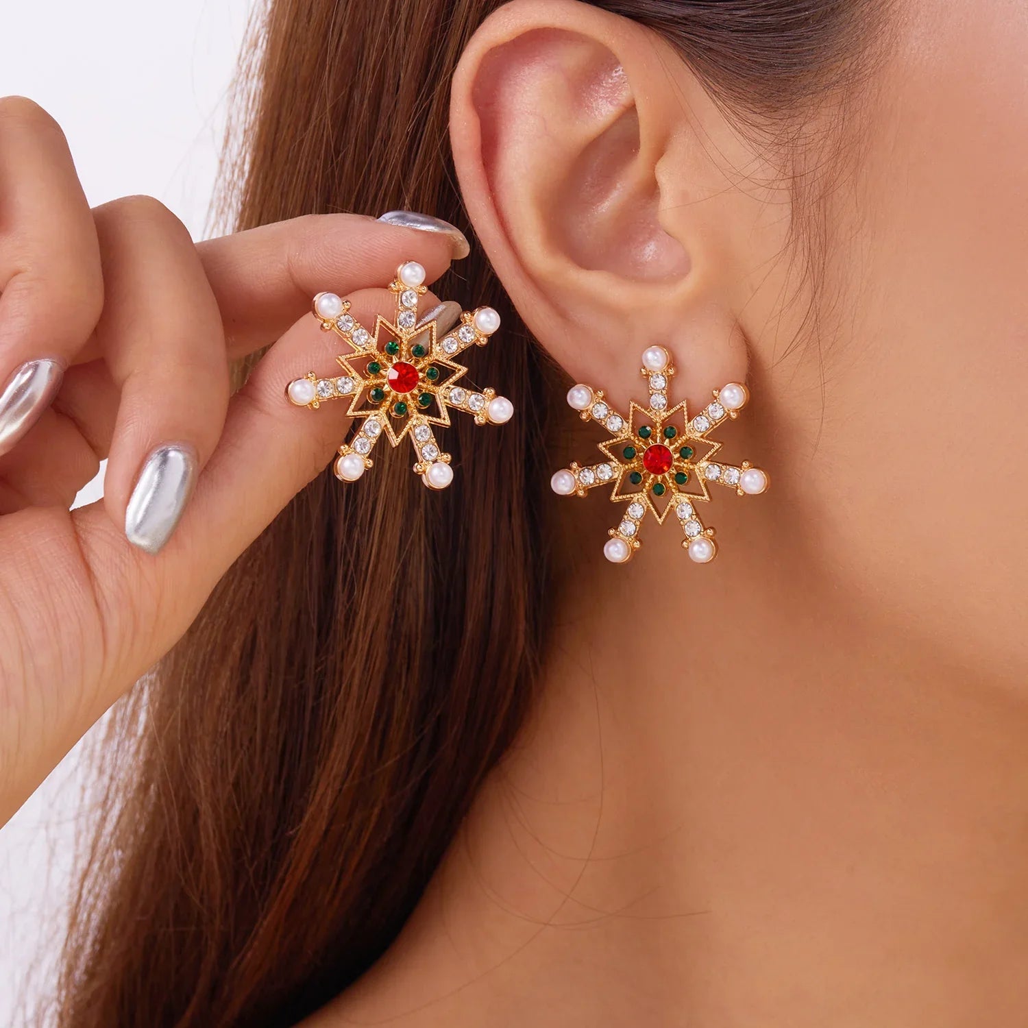 Pendientes colgantes con copo de nieve rojo y blanco