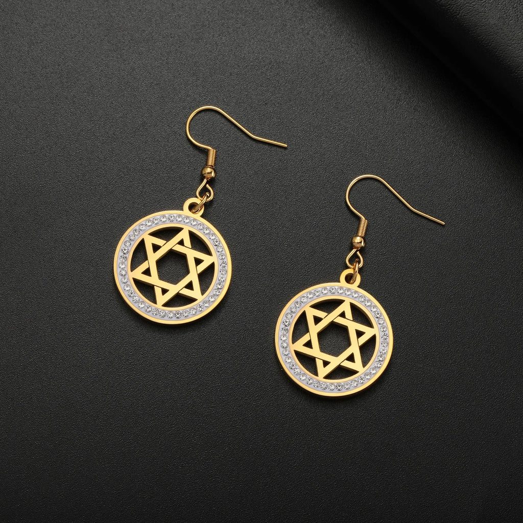 Boucles d'oreilles pendantes avec l'étoile de David et strass symbolique juive or