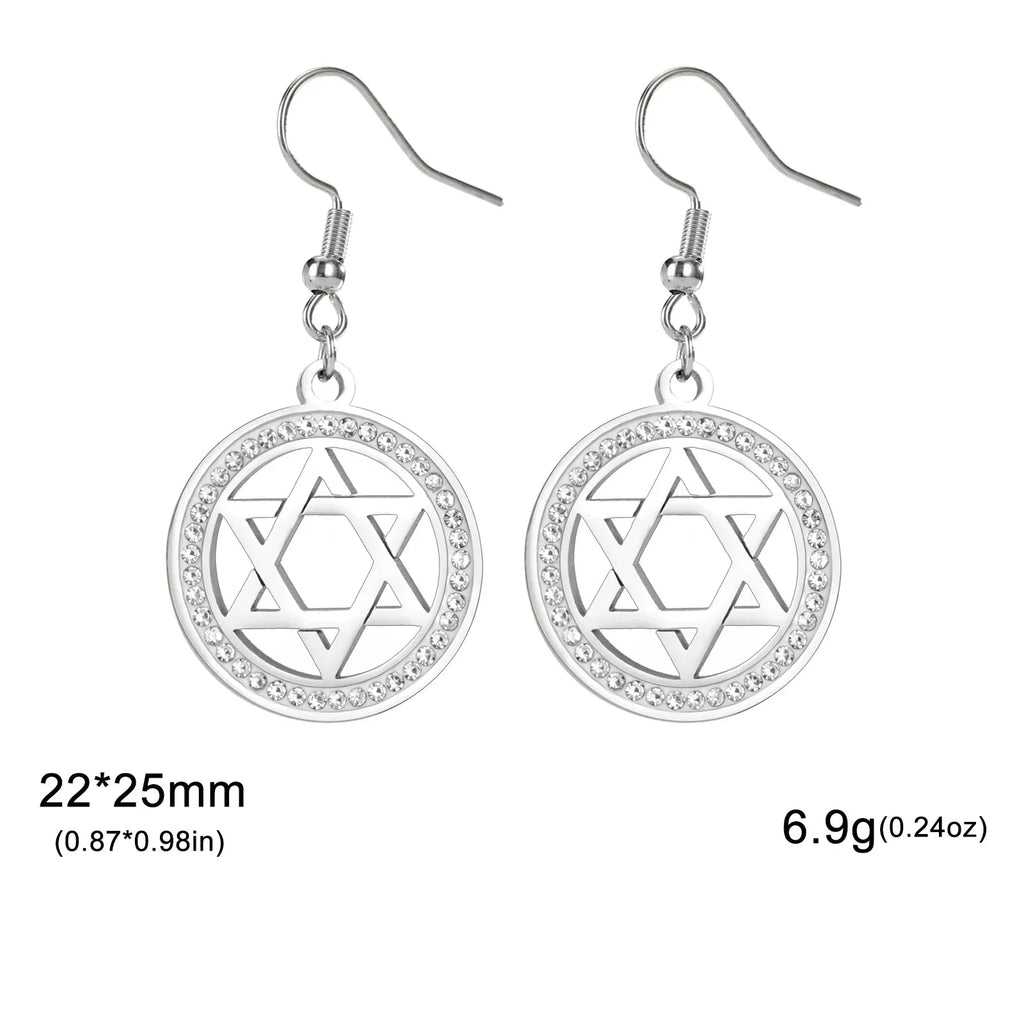 Boucles d'oreilles pendantes avec l'étoile de David et strass symbolique juive argent