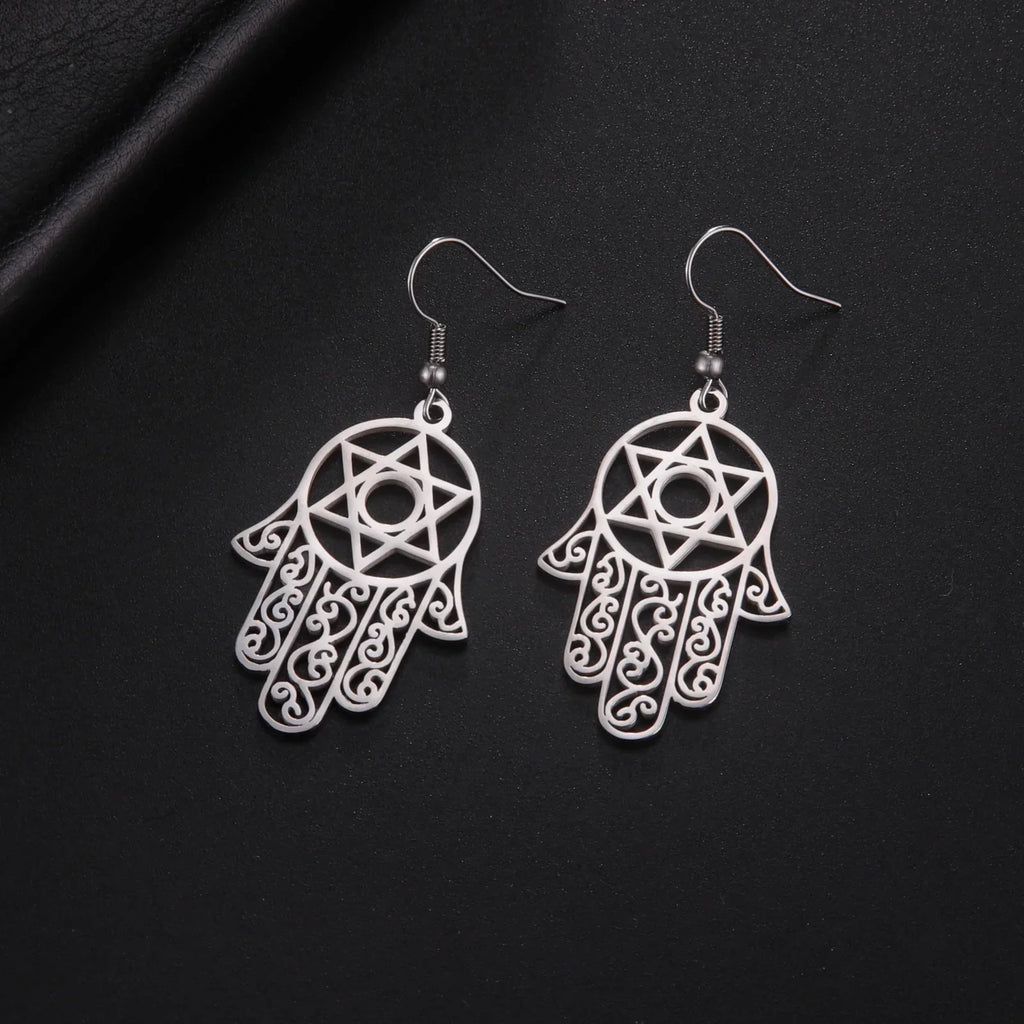 Boucles d'oreilles pendantes avec le symbole juif de protection main de Fatma et étoile de David argent