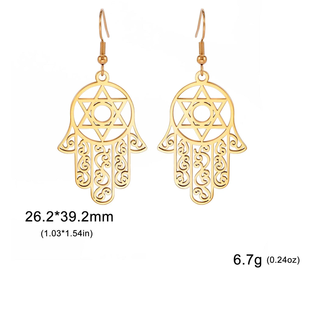 Boucles d'oreilles pendantes avec le symbole juif de protection main de Fatma et étoile de David 
