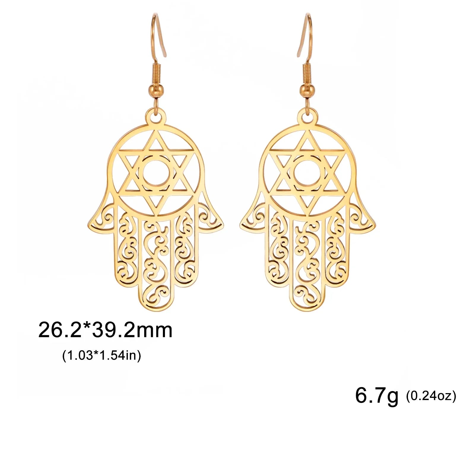 Boucles d'oreilles pendantes avec le symbole juif de protection main de Fatma et étoile de David 