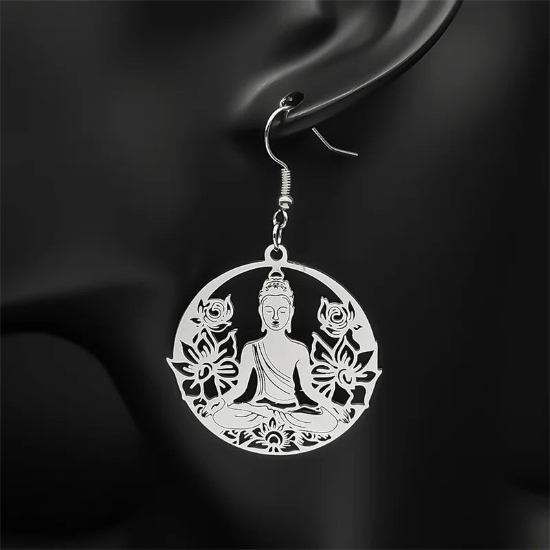 Boucles d'Oreilles Pendantes Bouddha et Fleur de Lotus argent