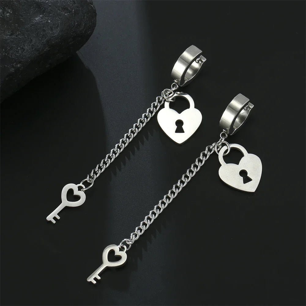 Key and padlock drop earrings