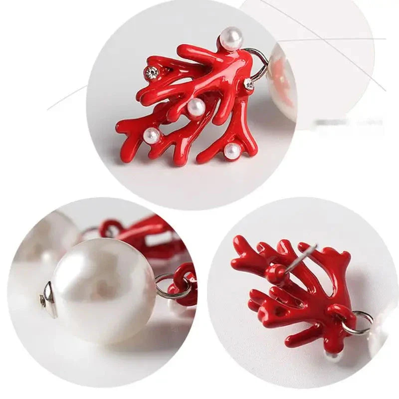 Boucles d'Oreilles Pendantes Corail Rouge et Perles