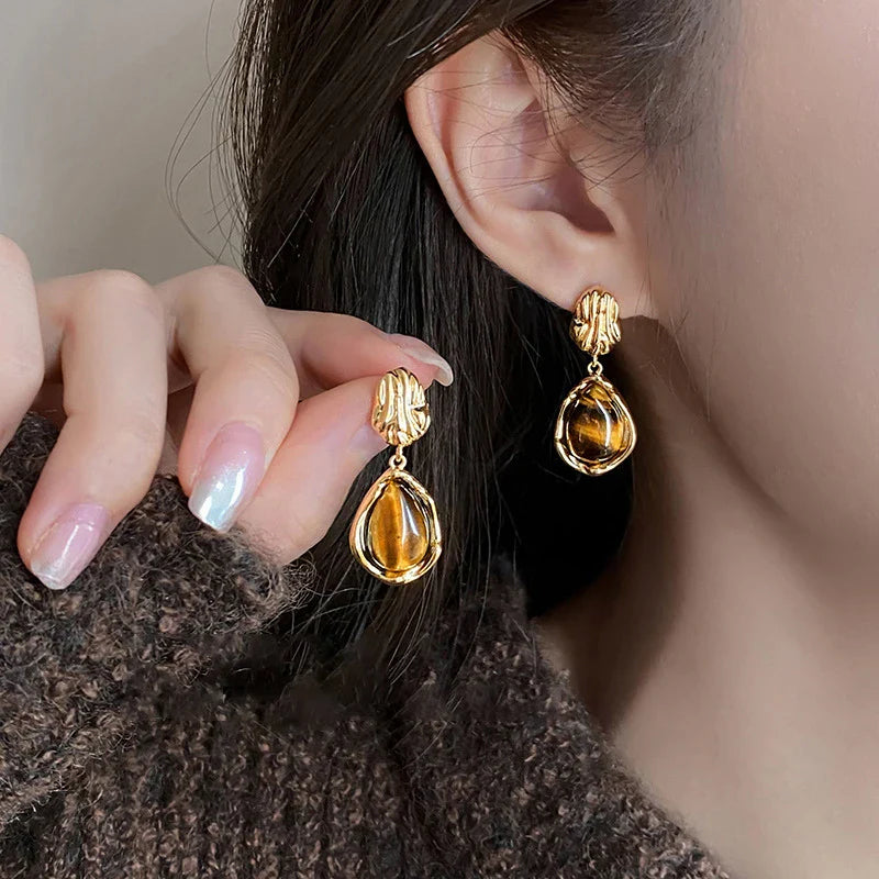 Boucles d'Oreilles Pendantes de Protection Femme Oeil de Tigre