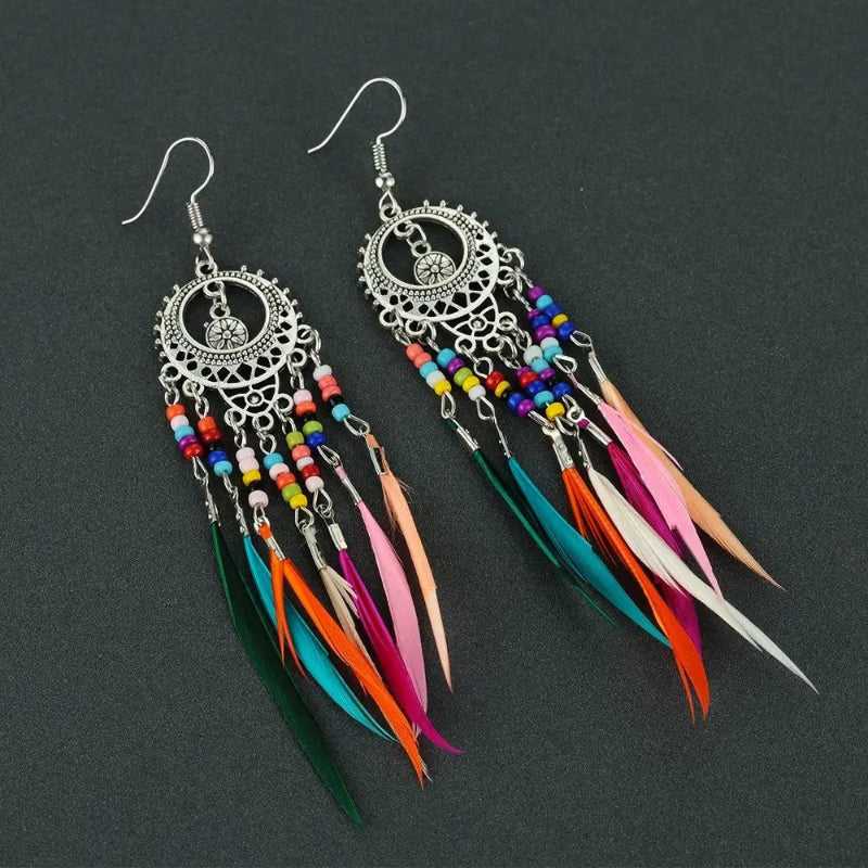 Ethnic Colored Feather Dangle Earrings for Women Silver
