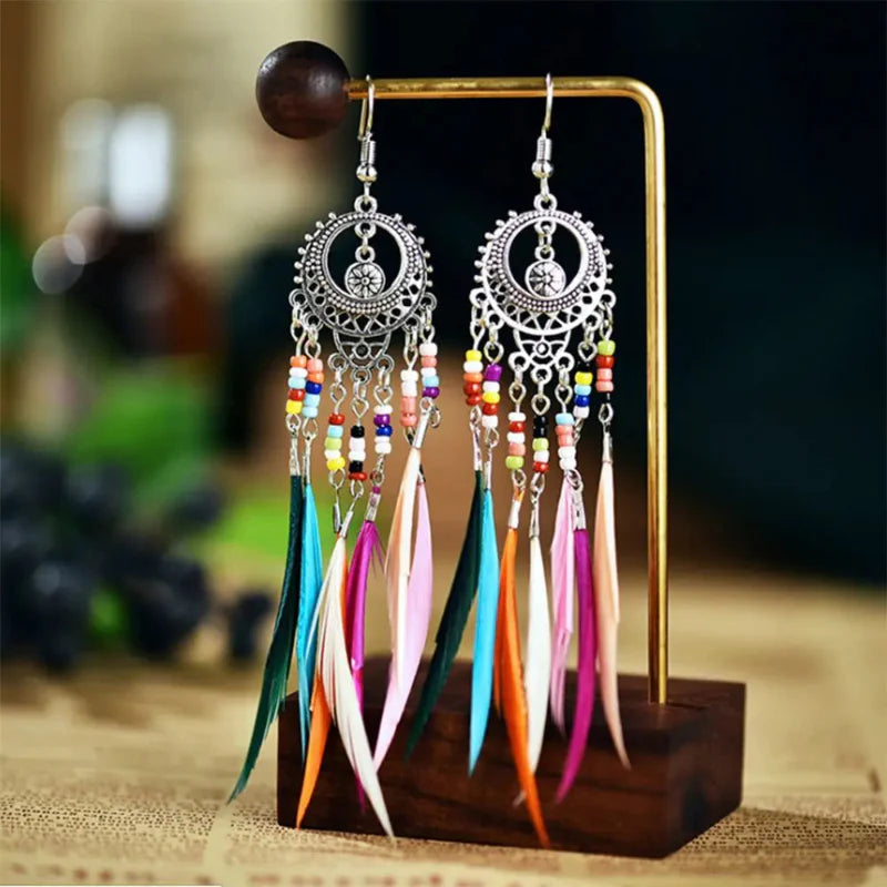 Ethnic Colored Feather Dangle Earrings for Women Silver