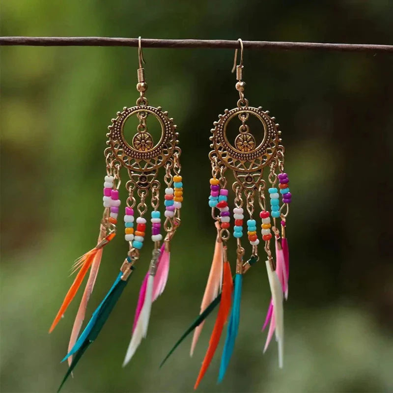 Ethnic Colored Feather Dangle Earrings for Women Gold