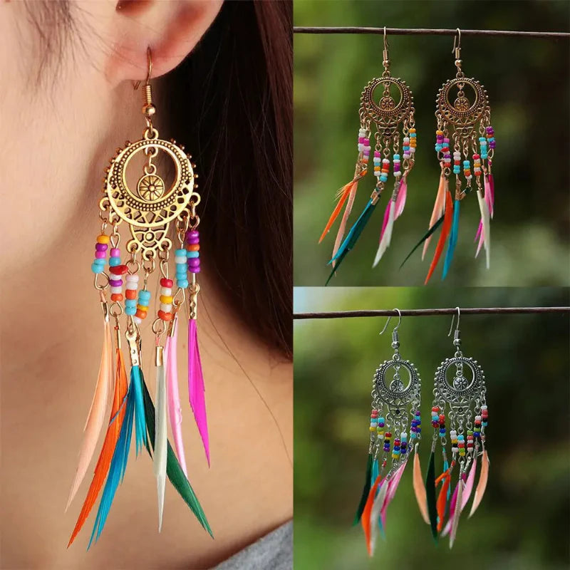Ethnic Colored Feather Dangle Earrings for Women Gold