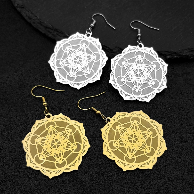 Women's Metatron's Cube Silver Dangle Earrings