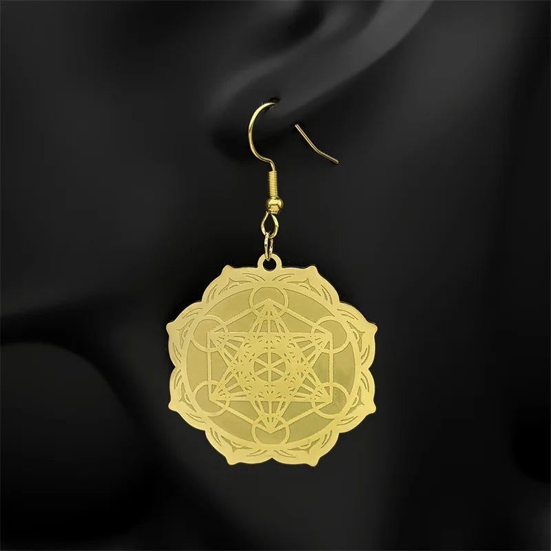 Women's Metatron's Cube Gold Dangle Earrings