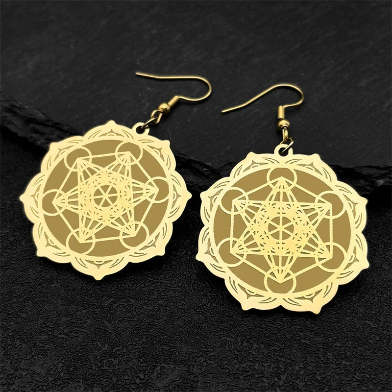 Women's Metatron's Cube Gold Dangle Earrings
