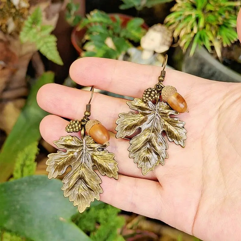 Boucles d'Oreilles Pendantes Feuille et Gland