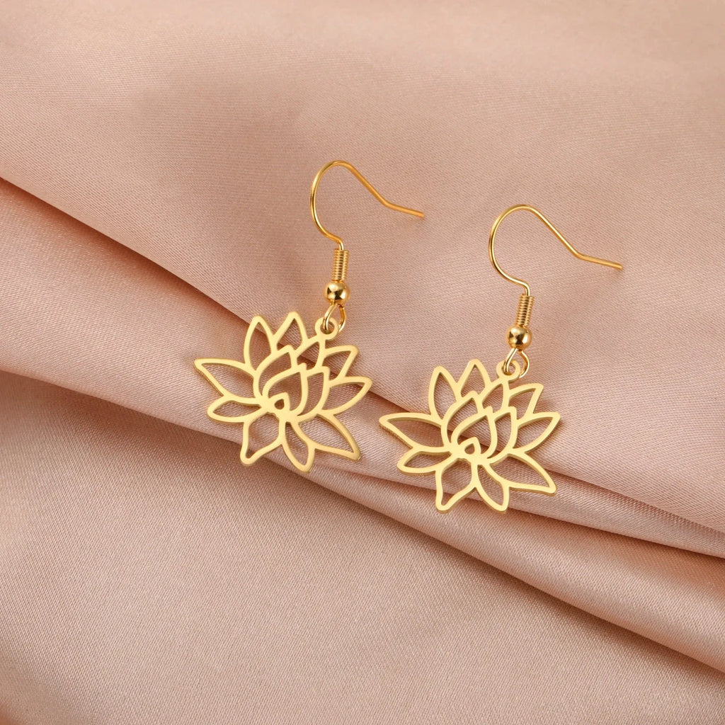 Lotus Flower Dangle Earrings for Women Gold
