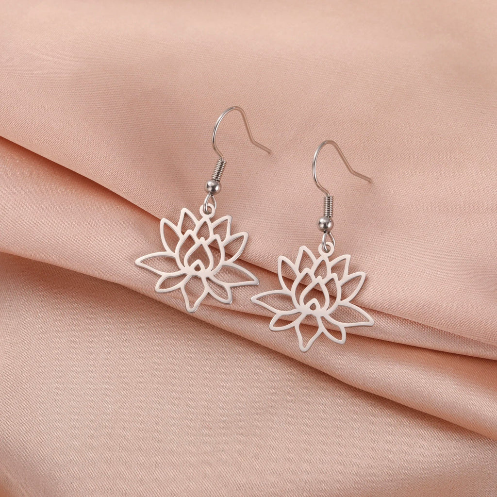 Lotus Flower Dangle Earrings for Women Silver