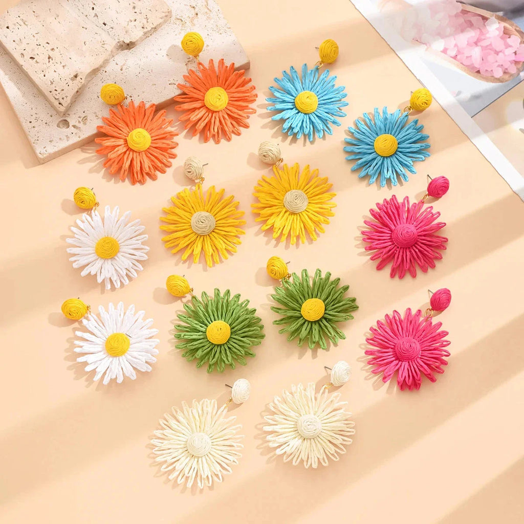Boucles d'Oreilles Pendantes Fleur de Marguerite bleu