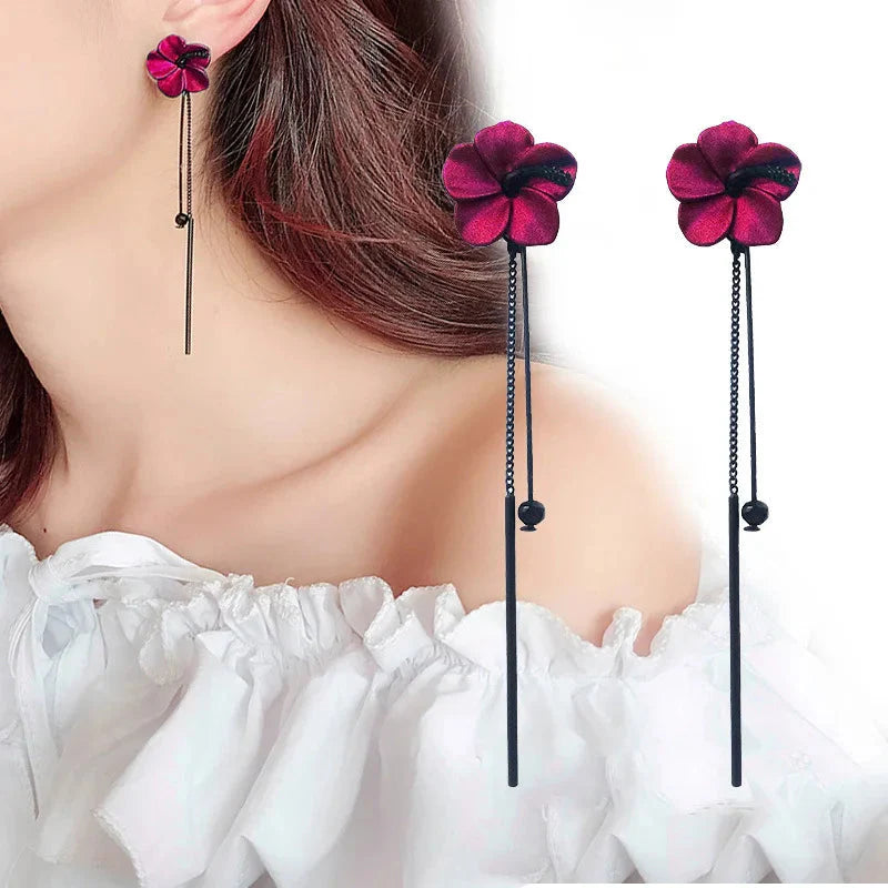 Pendientes Colgantes Flor Roja y Cadena Roja
