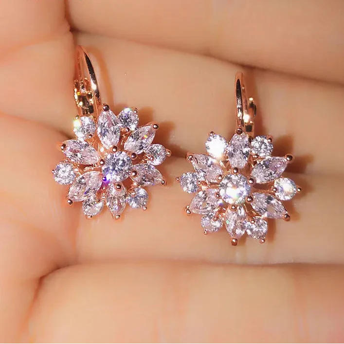 Dangling Flower Earrings Rose Gold Zircon