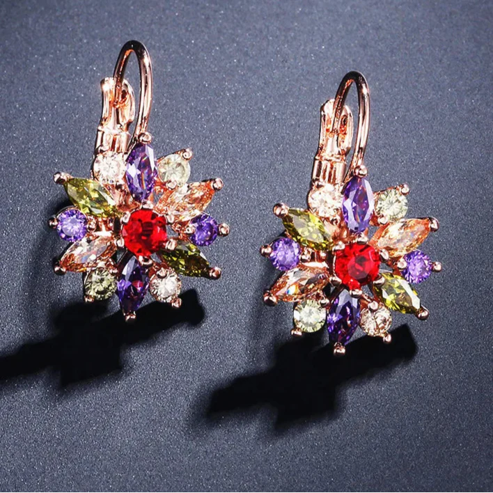 Dangling Flower Earrings Multicolor Zircon