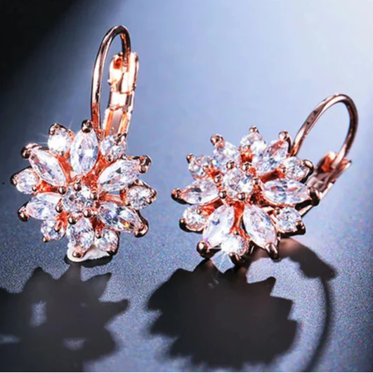 Dangling Flower Earrings Rose Gold Zircon