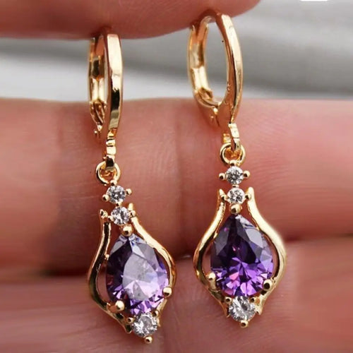 Water Drop Dangle Earrings with Purple Zircon