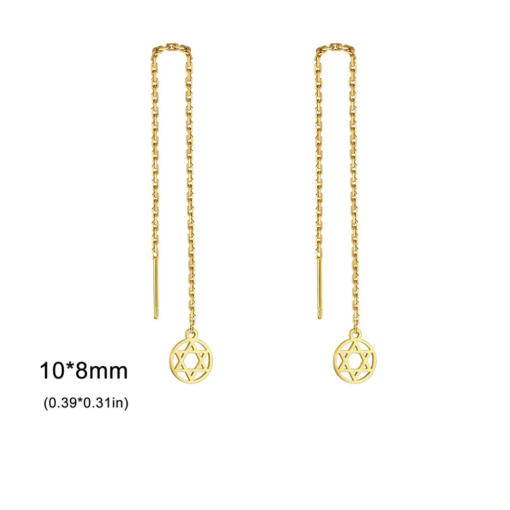 Boucles d'oreilles pendantes longues avec l'étoile de David symbole juif rond or