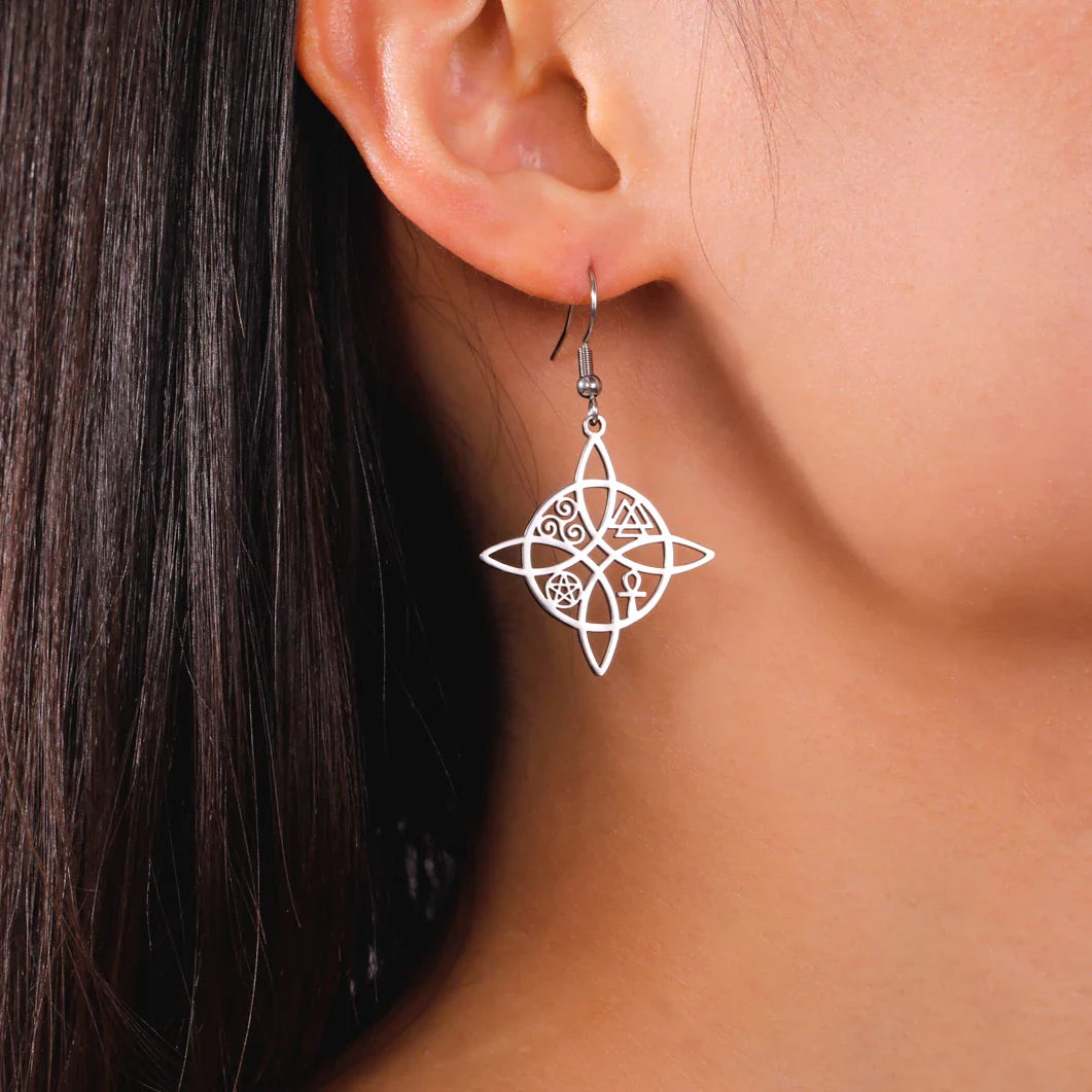 Boucles d'Oreilles Pendantes Noeud de Sorcière de Protection Femme Wiccan argent