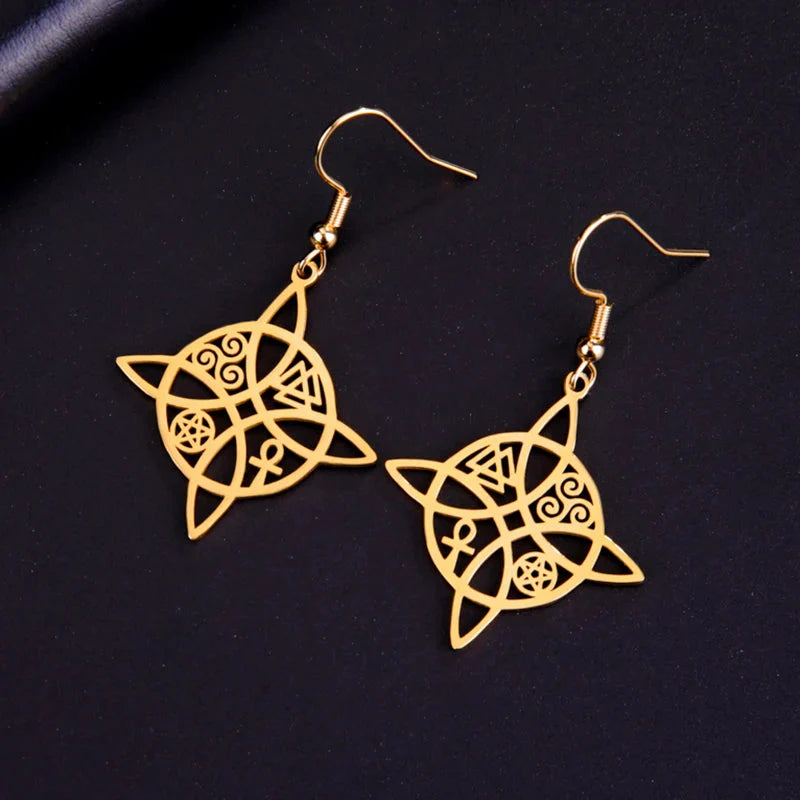 Women's Wiccan Protective Witch's Knot Dangle Earrings Gold