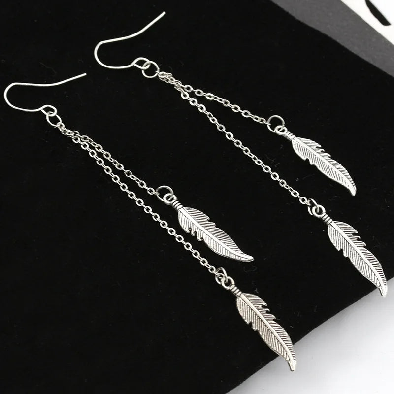 Silver Feather Drop Earrings