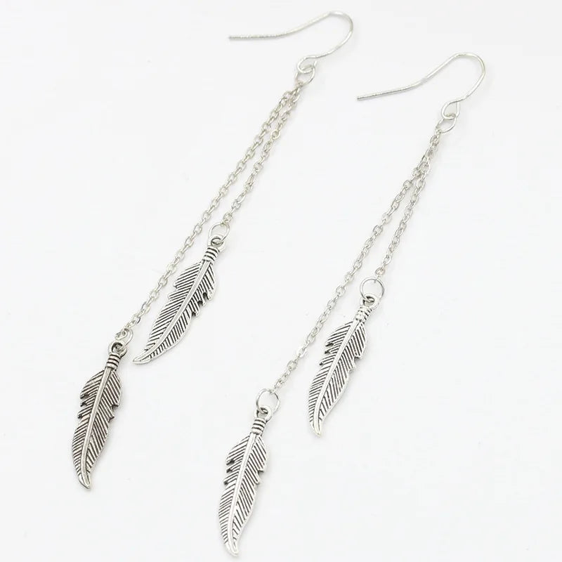 Silver Feather Drop Earrings