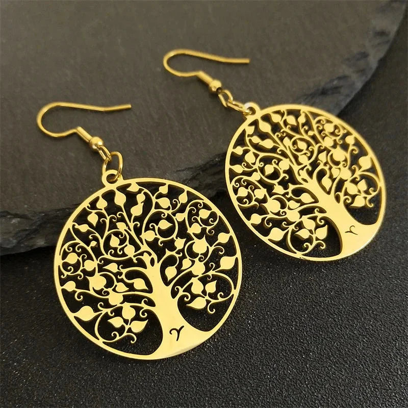 Round Tree of Life Dangle Earrings Gold