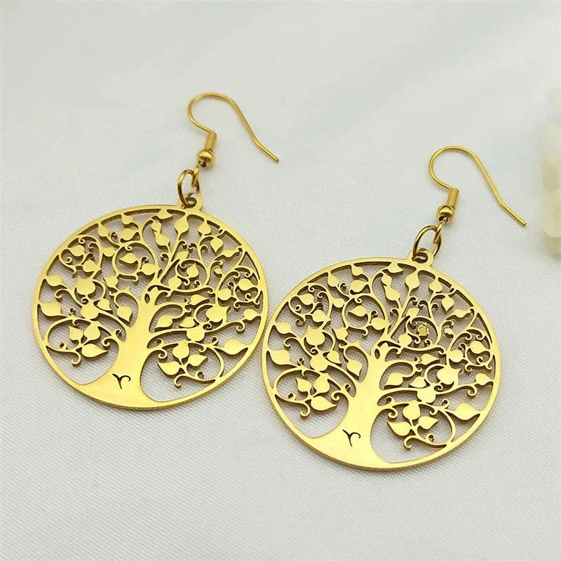 Round Tree of Life Dangle Earrings Gold