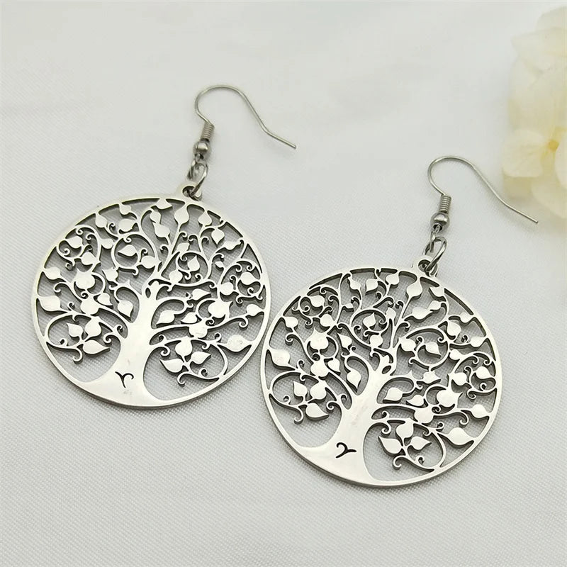 Round Tree of Life Dangle Earrings Silver