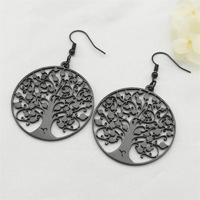 Round Tree of Life Dangle Earrings Black
