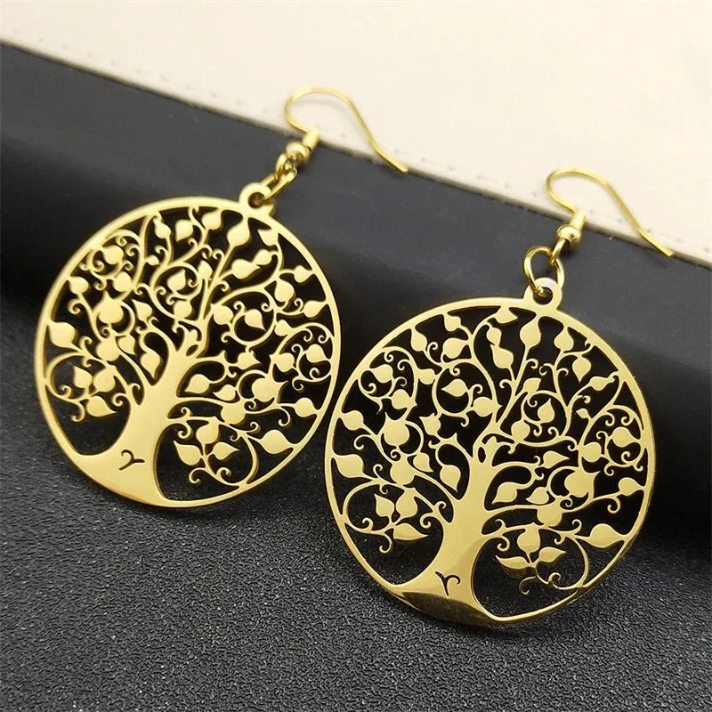 Round Tree of Life Dangle Earrings Gold