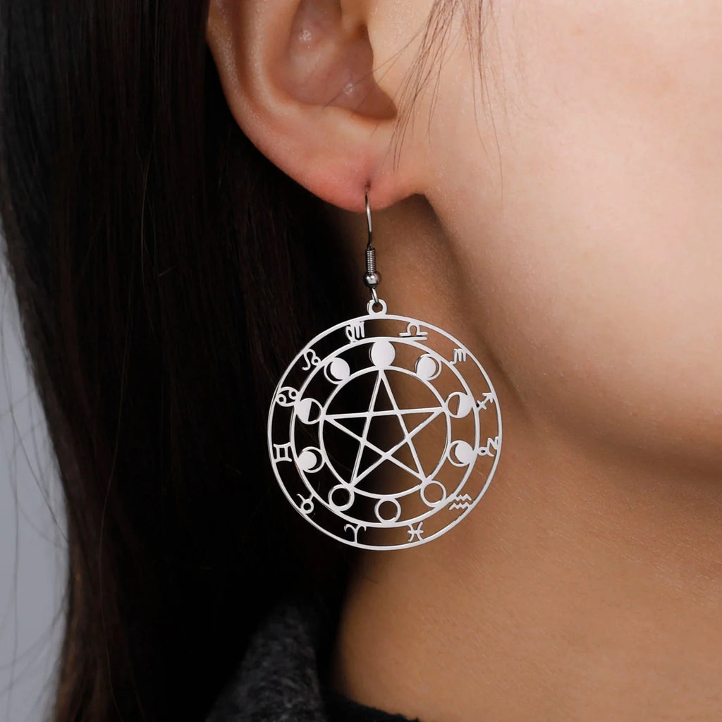 Pentacle Dangle Earrings Witchcraft Wiccan Woman Silver