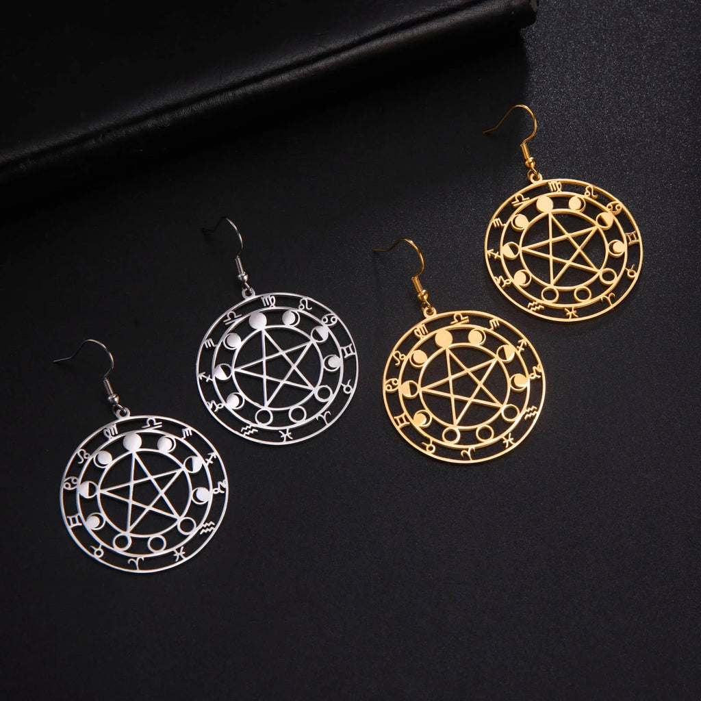 Pentacle Dangle Earrings Witchcraft Wiccan Woman Gold