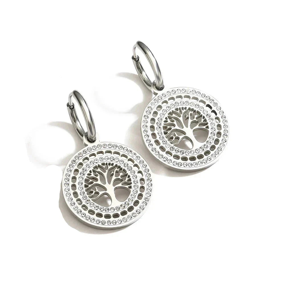 Round Dangling Tree of Life Earrings silver