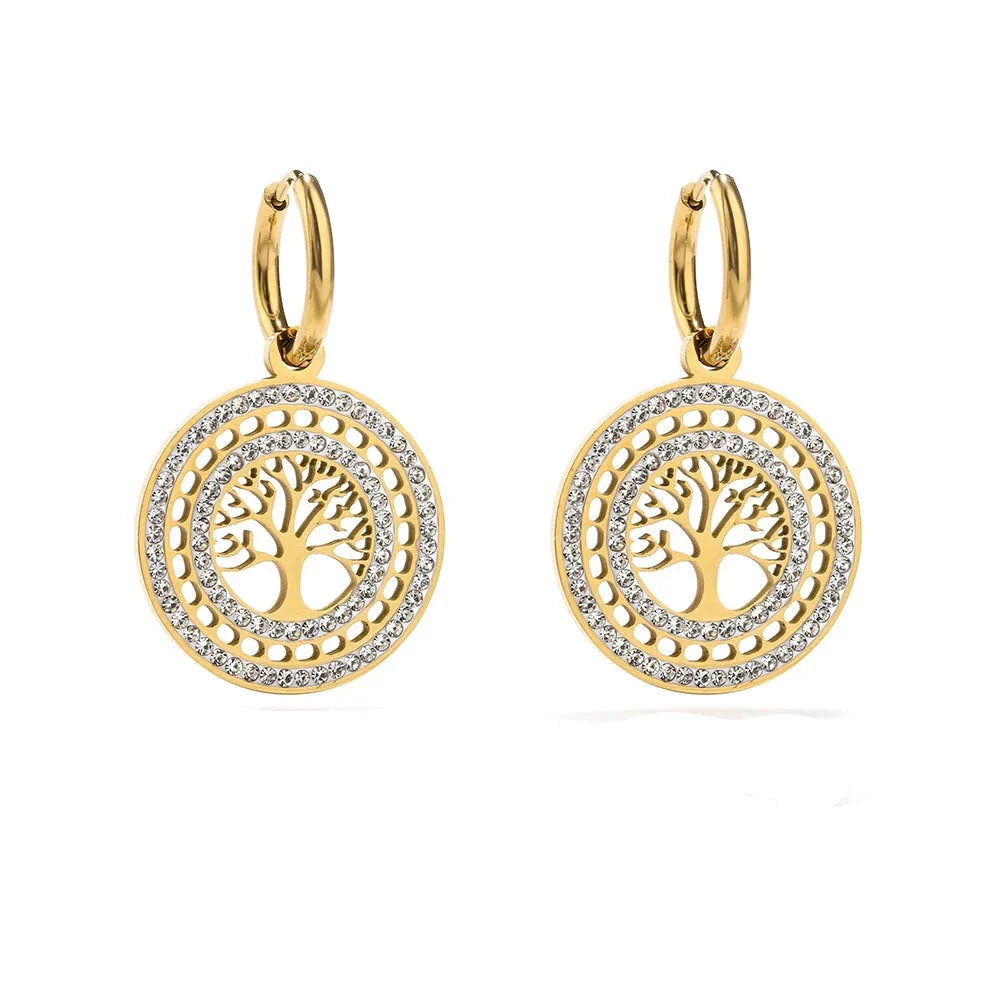 Round Dangling Tree of Life Earrings gold