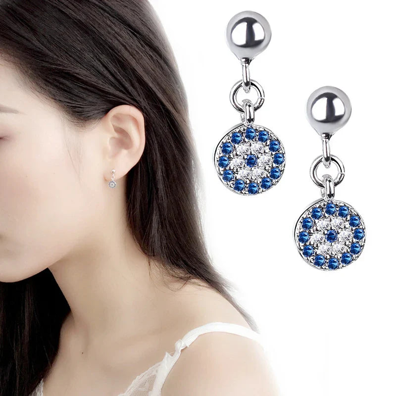 Round Turkish Blue Evil Eye Crystal Earrings
