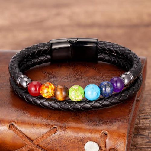 7 Chakra Leather Bracelet Men Women black