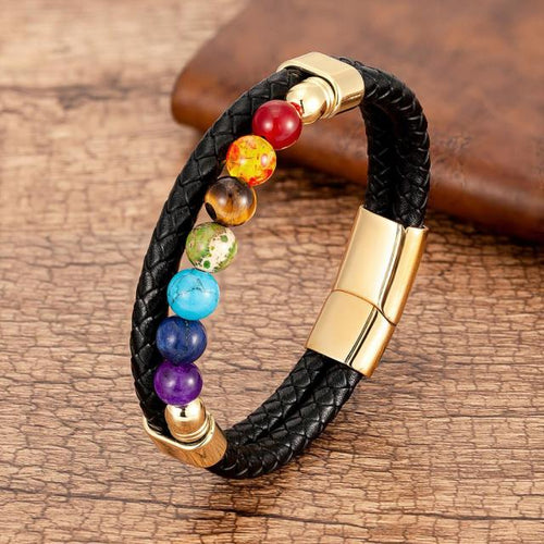 7 Chakra Leather Bracelet Men Women gold