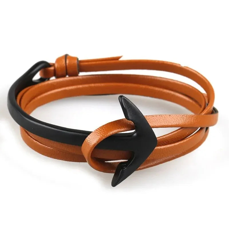 Bracelet large ajustable ancre noir et marron