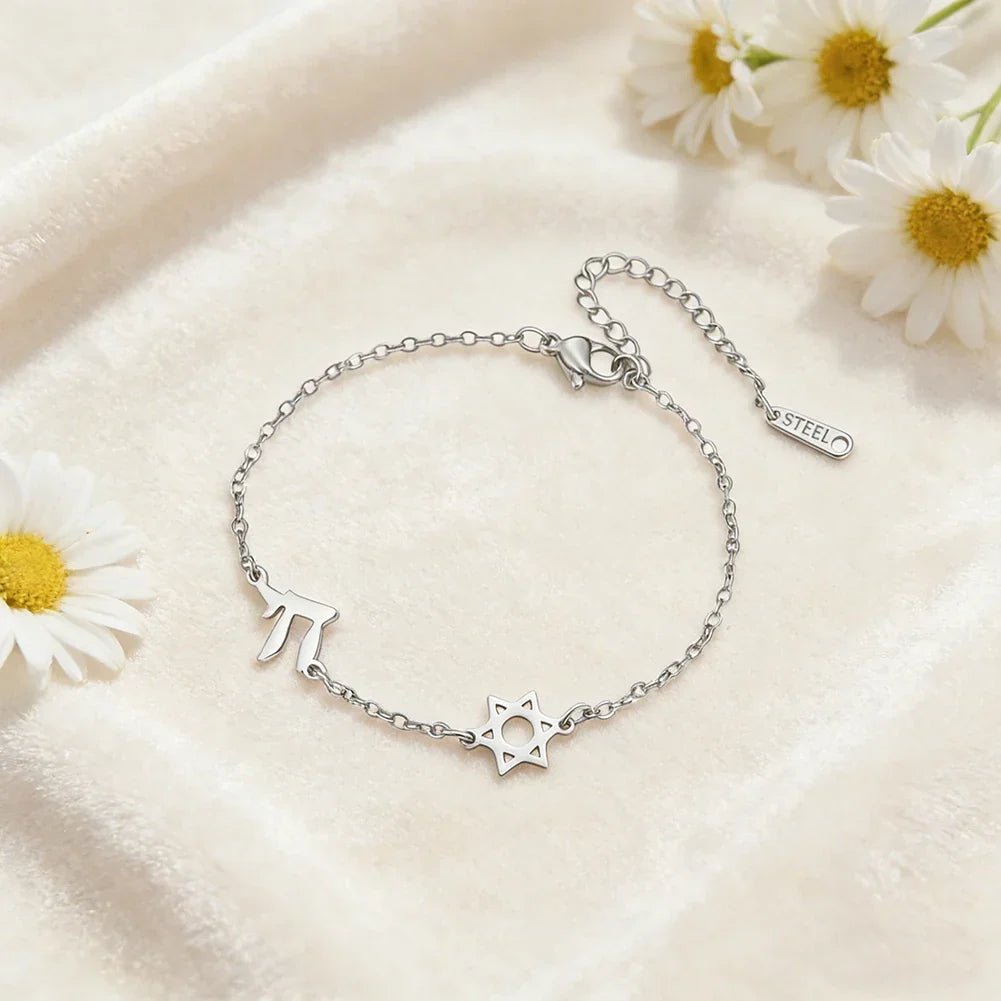Bracelet ajustable avec l'étoile de David et Chai symboles d'appartenance juive argent