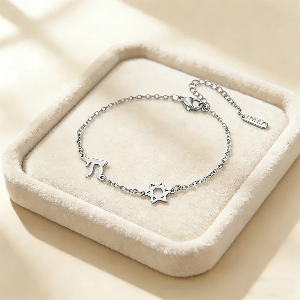 Pulsera ajustable con Estrella de David y Chai, símbolos judíos